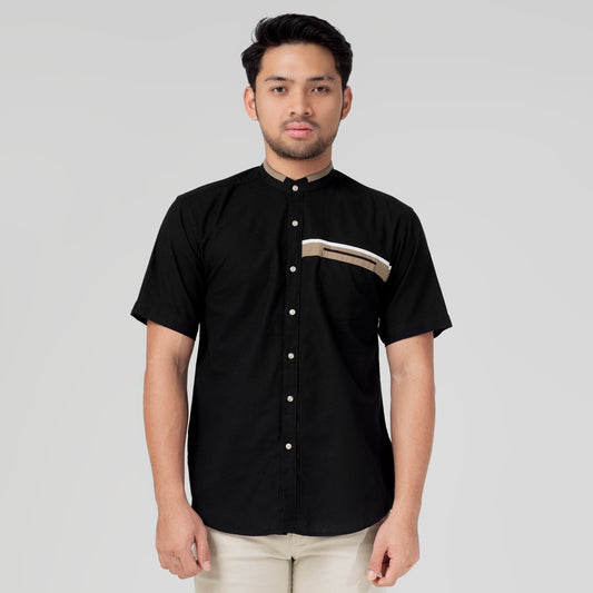 Benhill Kemeja Koko Pria Linen Lengan Pendek Black Combination 28161-16210