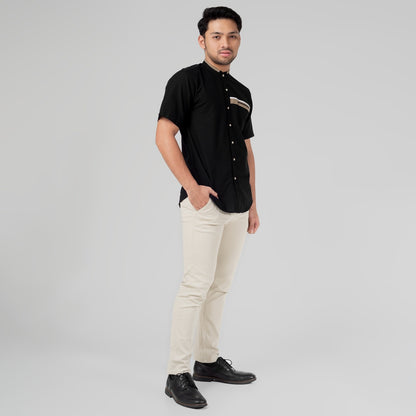 Benhill Kemeja Koko Pria Linen Lengan Pendek Black Combination 28161-16210