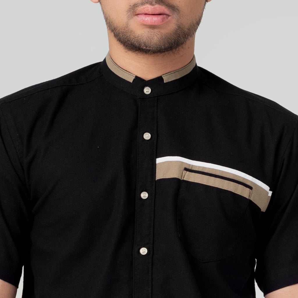Benhill Kemeja Koko Pria Linen Lengan Pendek Black Combination 28161-16210