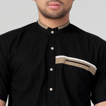 Benhill Kemeja Koko Pria Linen Lengan Pendek Black Combination 28161-16210