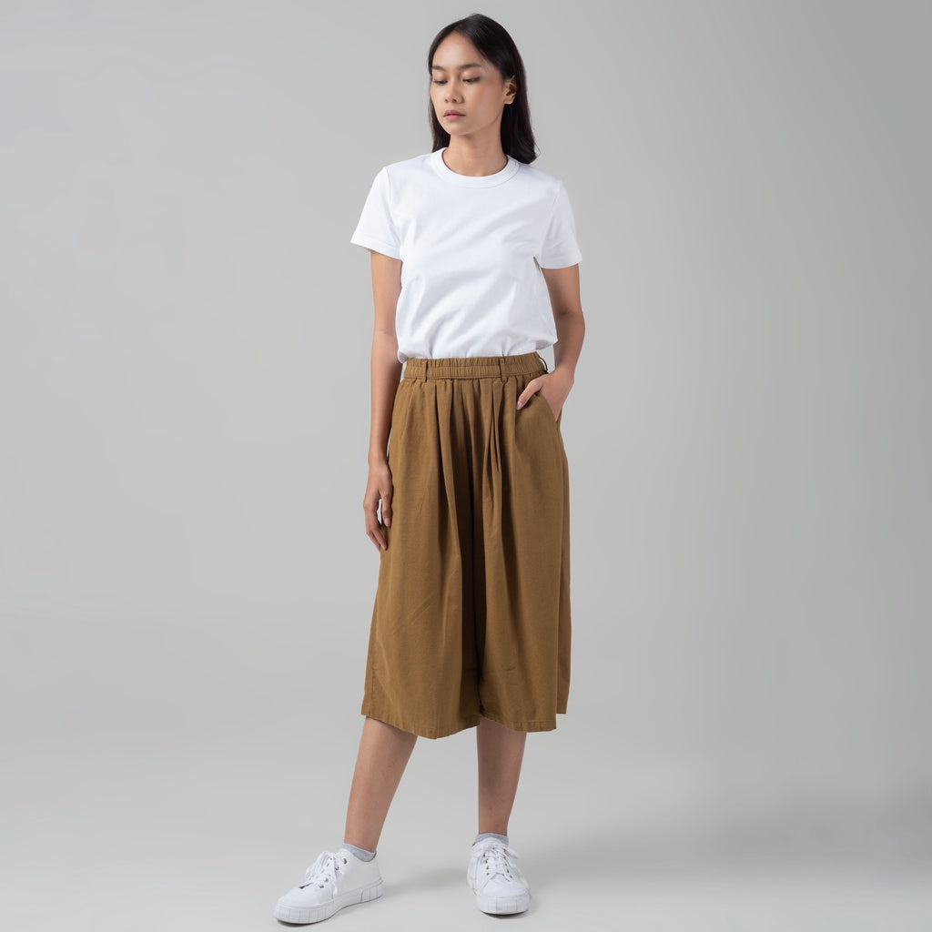 Benhill Celana Wanita Cullotes  Linen  Polos Pinggang Karet Caramel Brown 924-16595
