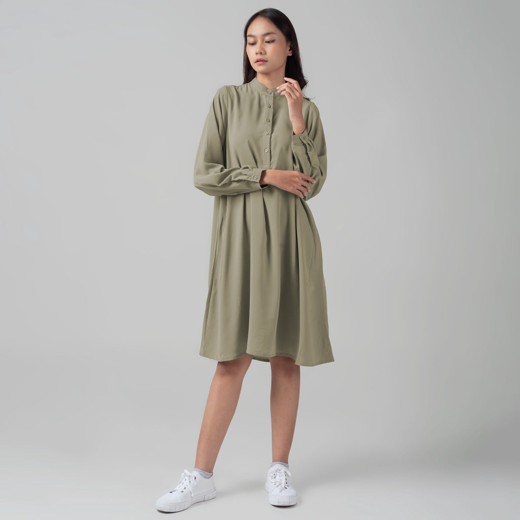 Benhill Kemeja "Hee soo" Tunik Dress Wanita Krah Shanghai Lengan Panjang Olive 912-29787