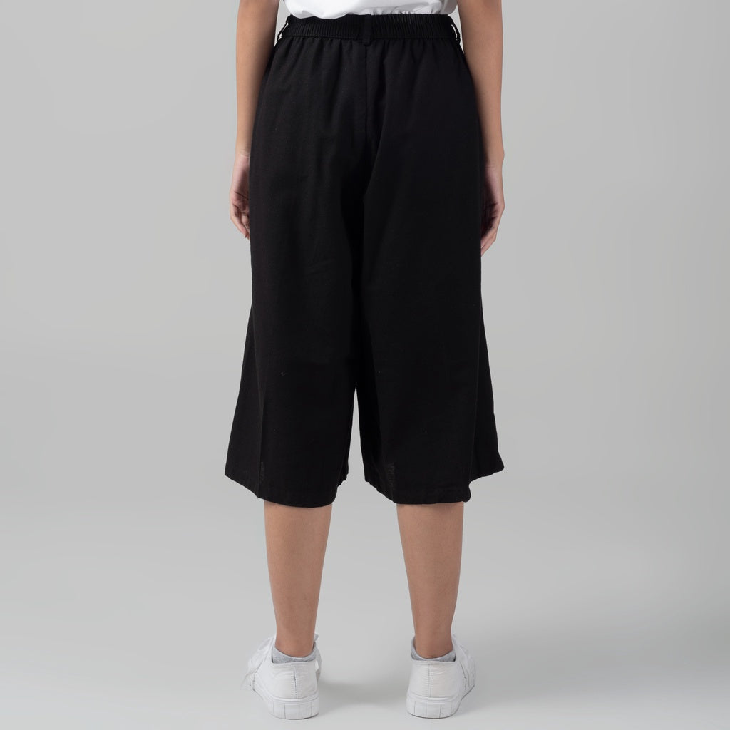 Benhill Celana Wanita Cullotes  Linen  Polos Pinggang Karet Black 937-16295