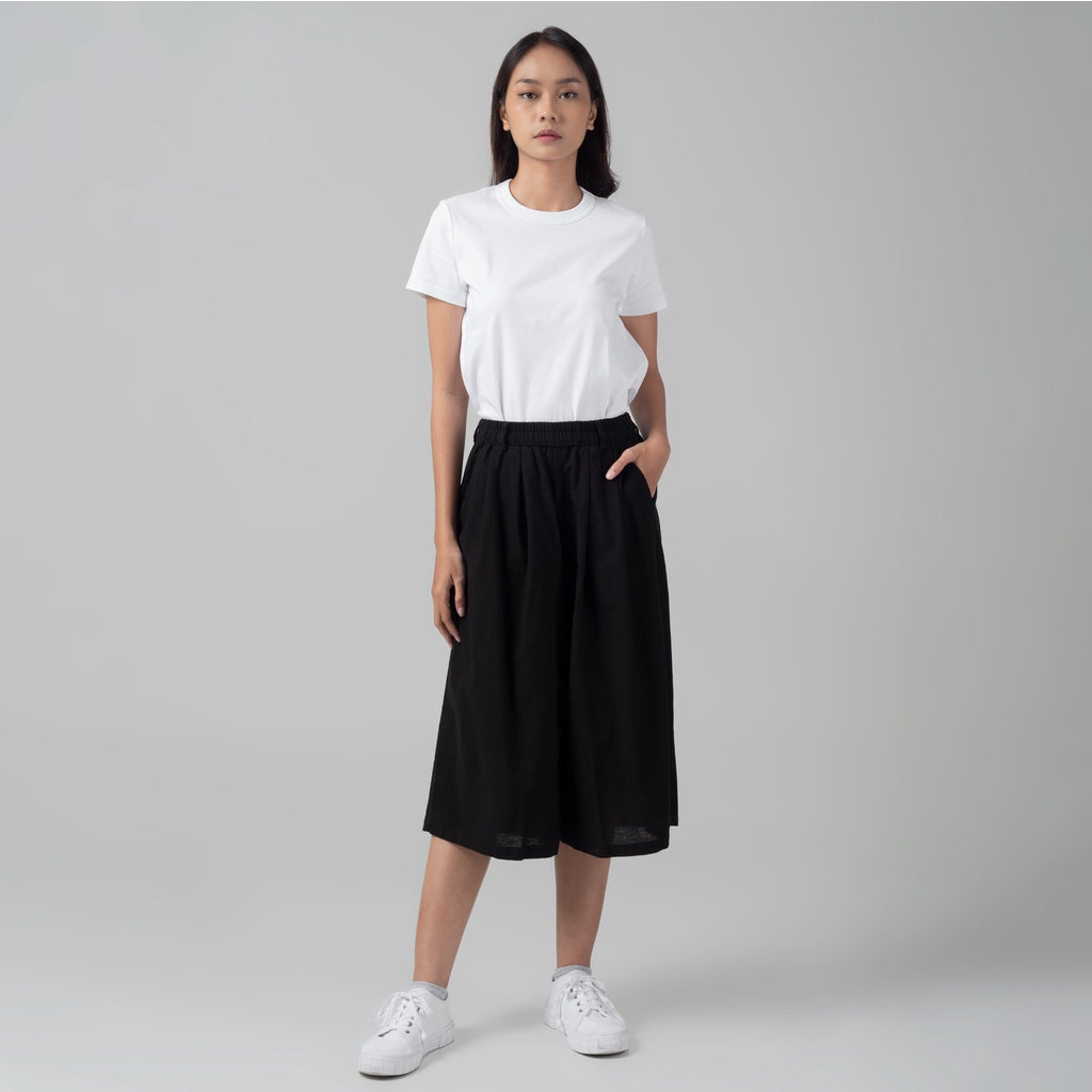 Benhill Celana Wanita Cullotes  Linen  Polos Pinggang Karet Black 937-16295