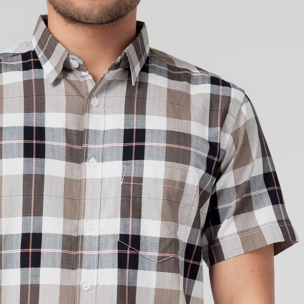 Benhill Kemeja Pria Herringbone Lengan Pendek Kotak Coklat 29427-11534