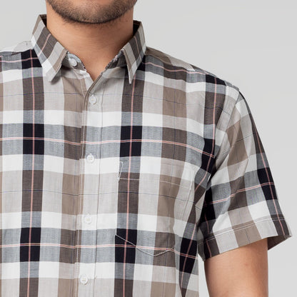 Benhill Kemeja Pria Herringbone Lengan Pendek Kotak Coklat 29427-11534