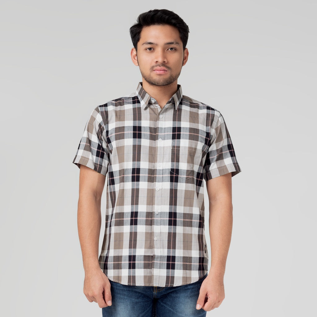 Benhill Kemeja Pria Herringbone Lengan Pendek Kotak Coklat 29427-11534