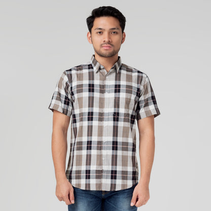 Benhill Kemeja Pria Herringbone Lengan Pendek Kotak Coklat 29427-11534