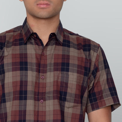 Benhill Kemeja Pria Herringbone Lengan Pendek Kotak Maroon 29439-11434