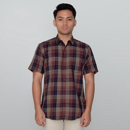Benhill Kemeja Pria Herringbone Lengan Pendek Kotak Maroon 29439-11434