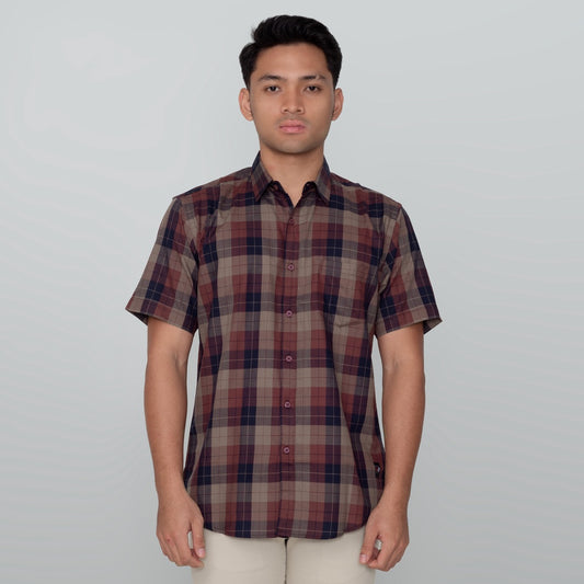 Benhill Kemeja Pria Herringbone Lengan Pendek Kotak Maroon 29439-11434