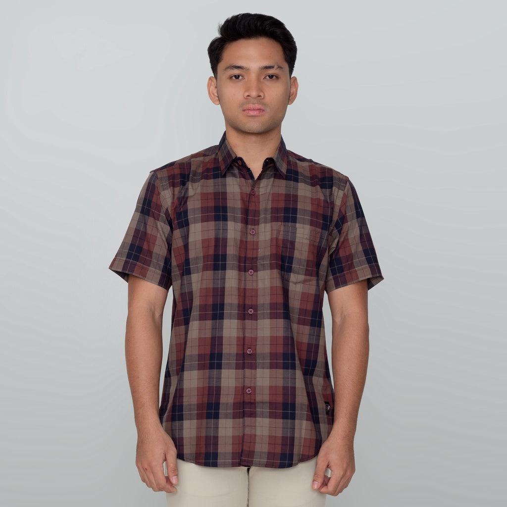 Benhill Kemeja Pria Herringbone Lengan Pendek Kotak Maroon 29439-11434