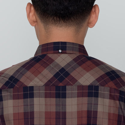 Benhill Kemeja Pria Herringbone Lengan Pendek Kotak Maroon 29439-11434