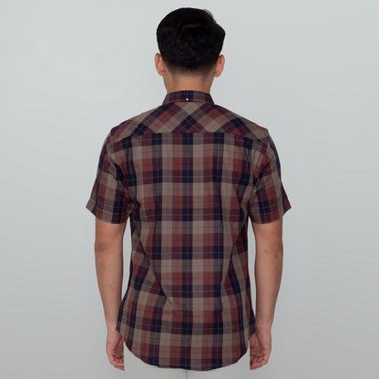 Benhill Kemeja Pria Herringbone Lengan Pendek Kotak Maroon 29439-11434