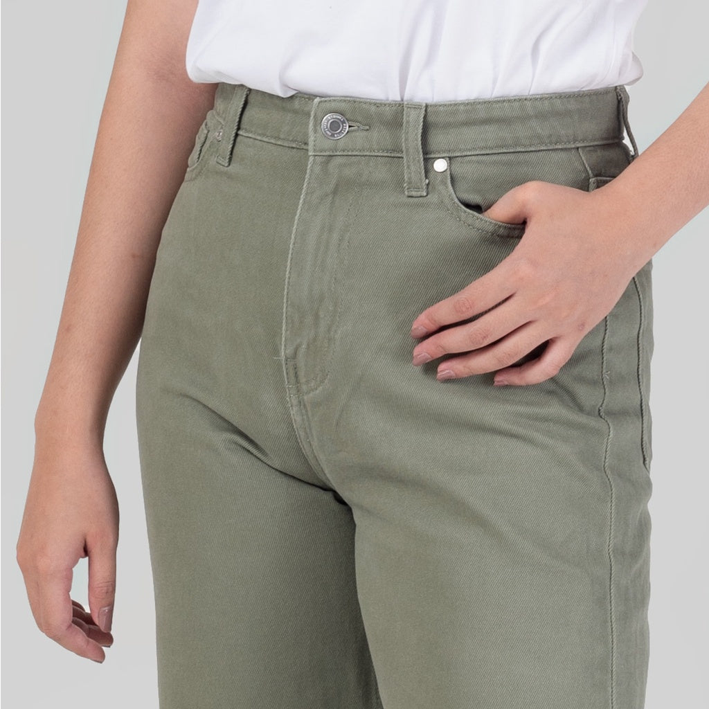 Celana Denim Wanita "Arin"  High Waist Loose Straight Pants Olive A178-22H1D