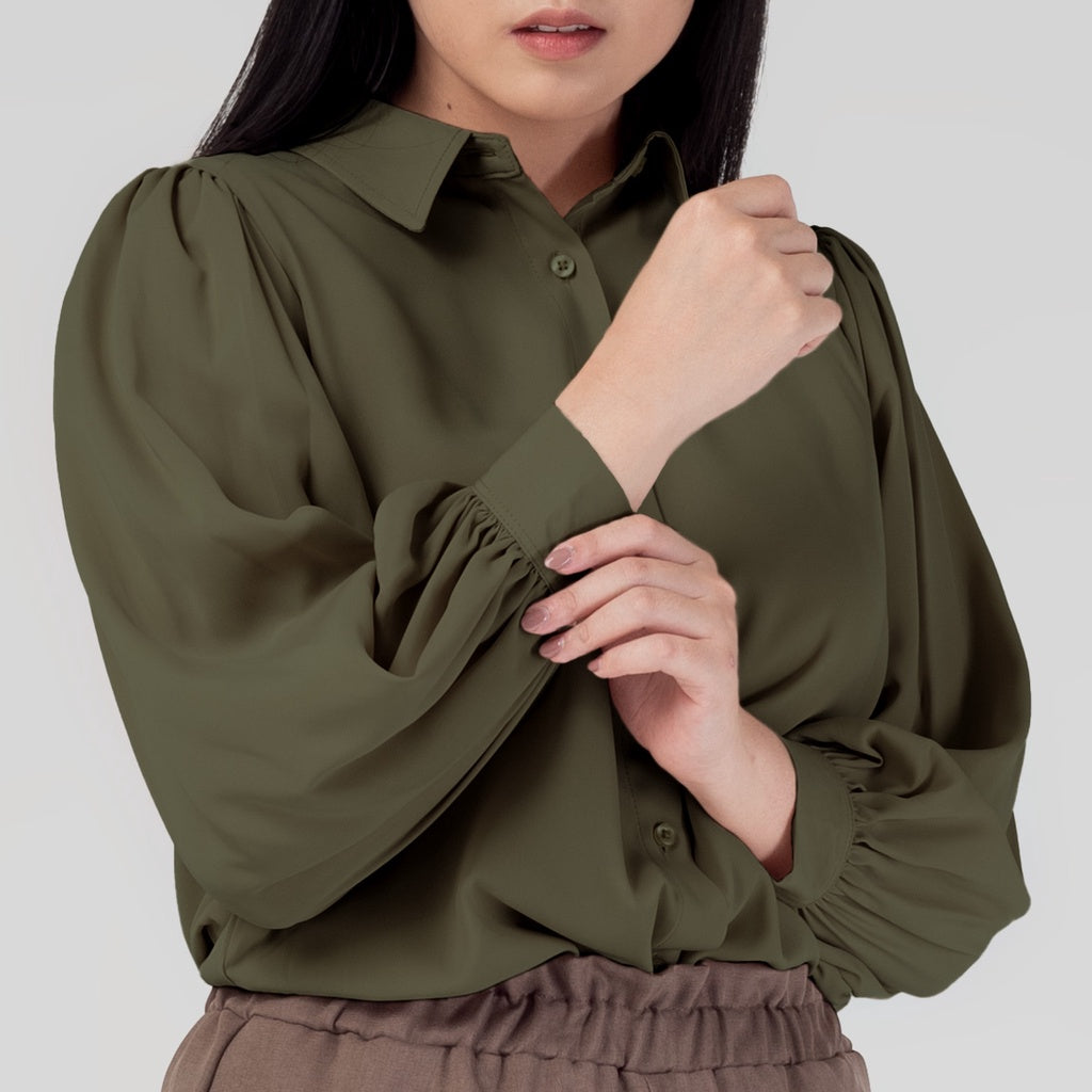 Benhill Kemeja Wanita " Seori" Tops Lengan Panjang Puff Olive A155-29H79