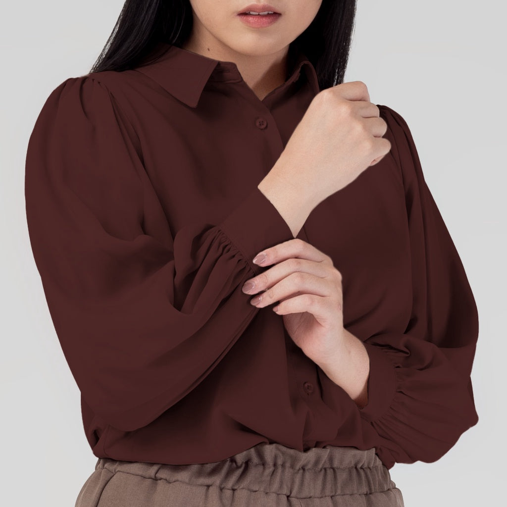 Benhill Kemeja Wanita " Seori" Tops Lengan Panjang Puff Coklat A153-29579