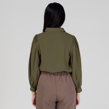 Benhill Kemeja Wanita " Seori" Tops Lengan Panjang Puff Olive A155-29H79