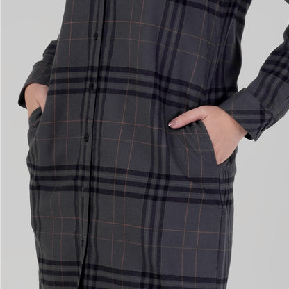 Benhill Kemeja Tunik Flannel Wanita Kotak Carcoal 1174-11P35