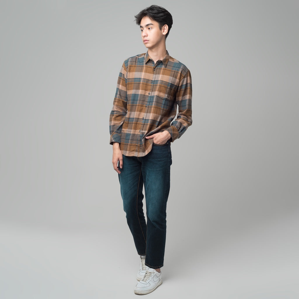 Benhill Kemeja Pria Flannel Lengan Panjang Kotak  Coklat 28931-11533
