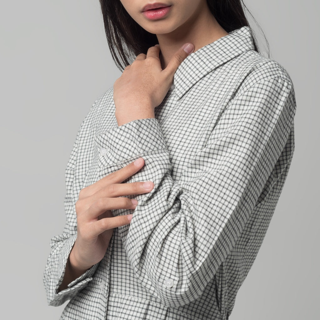 Benhill Gamis Wanita Flannel Lengan Panjang Kotak Putih A168-11930